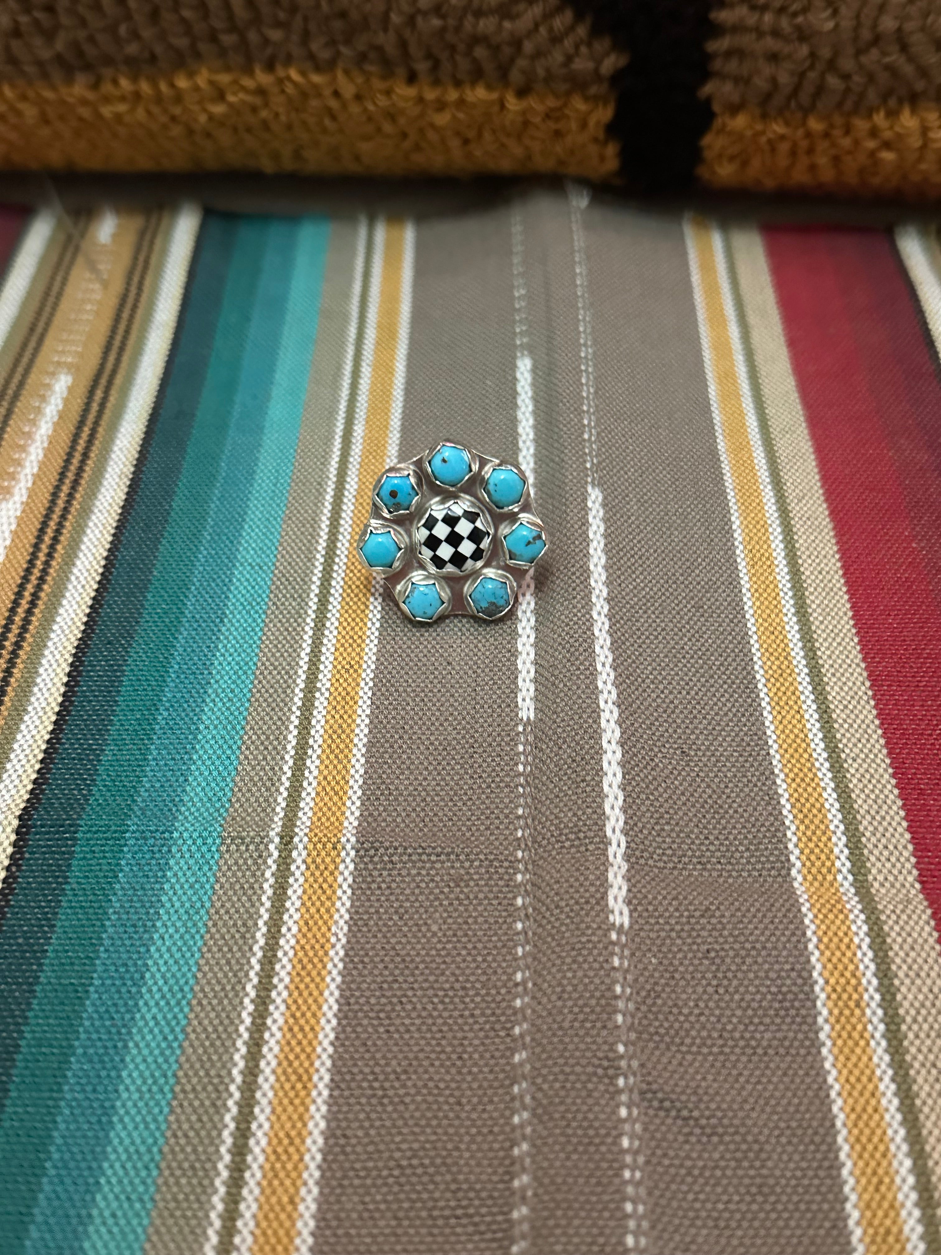 Turquoise ring with checkers (size 7 adjustable)