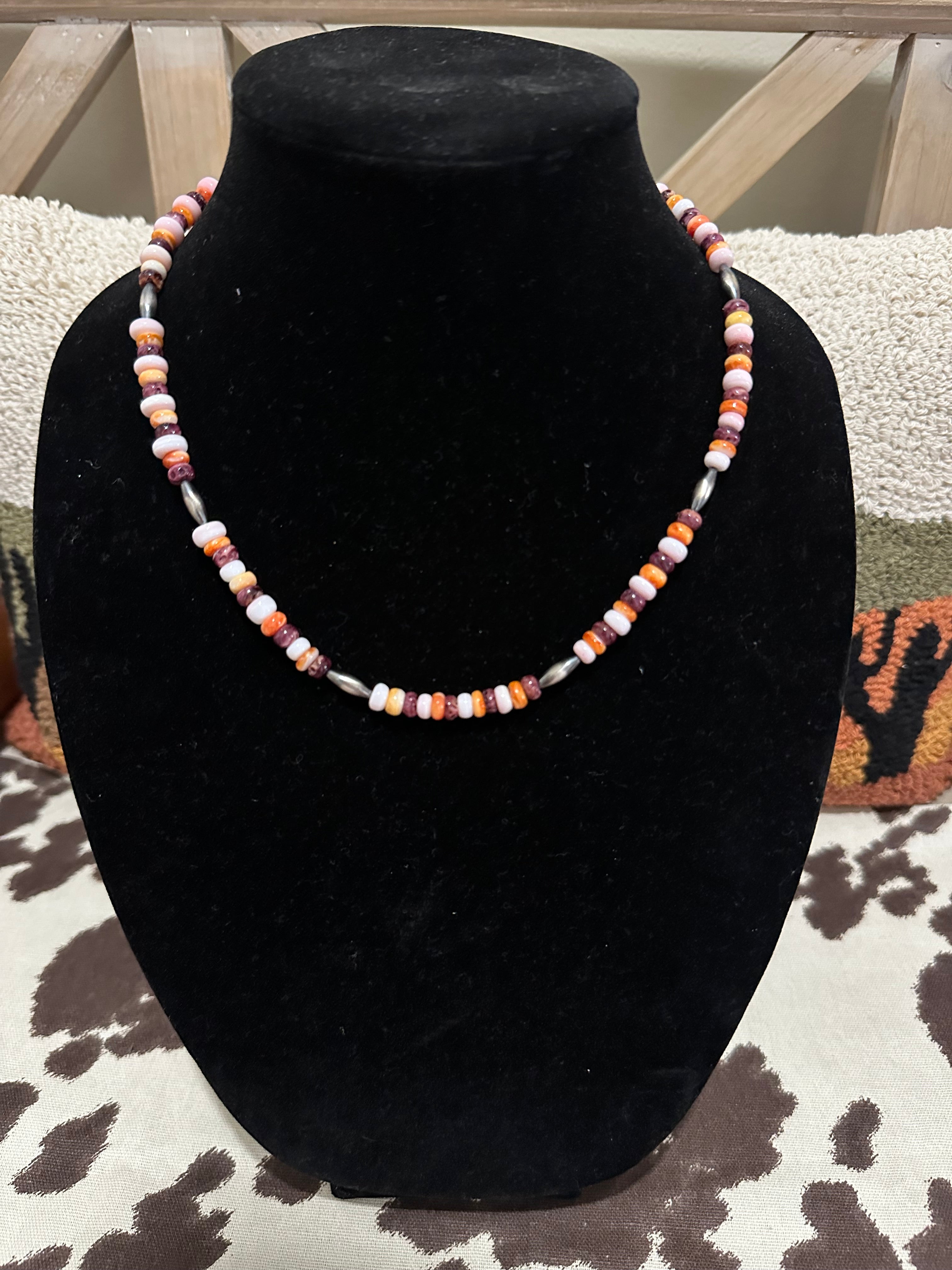 20” orange and purple spiny/ pink conch necklace with 4mm Navajo pearls