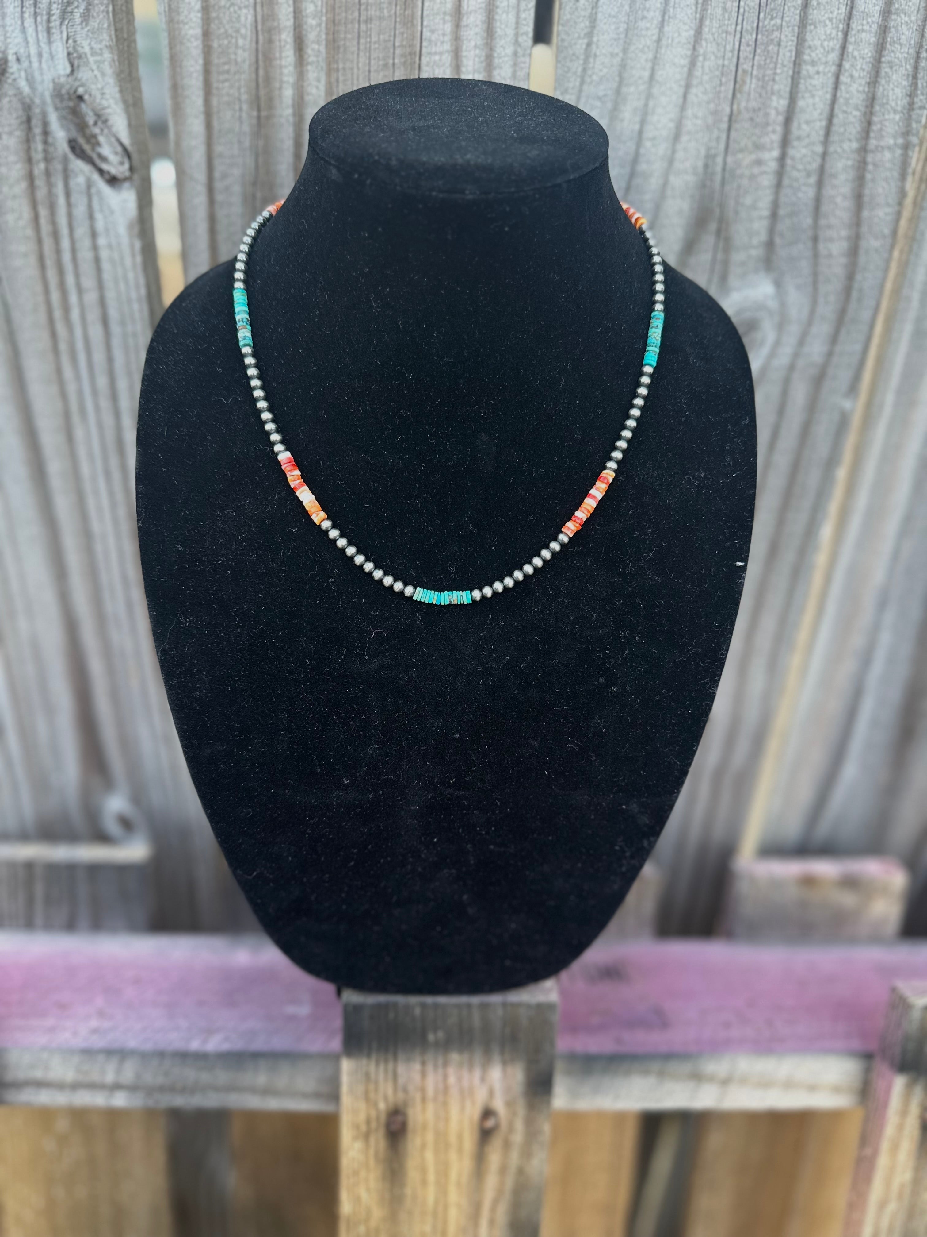 19” Navajo pearl necklace with turquoise and spiny oyster