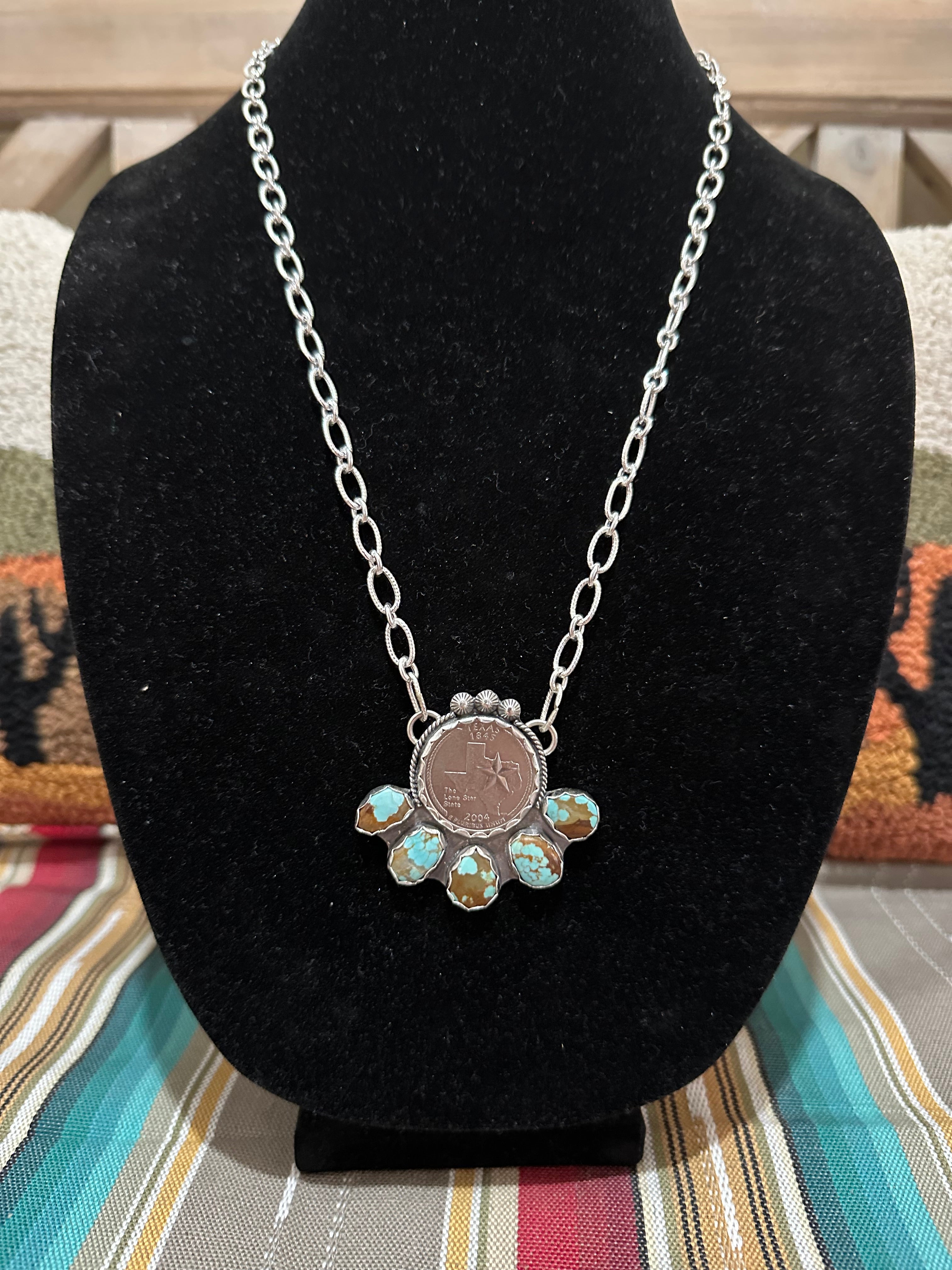 22” #8 turquoise necklace with Texas quarter