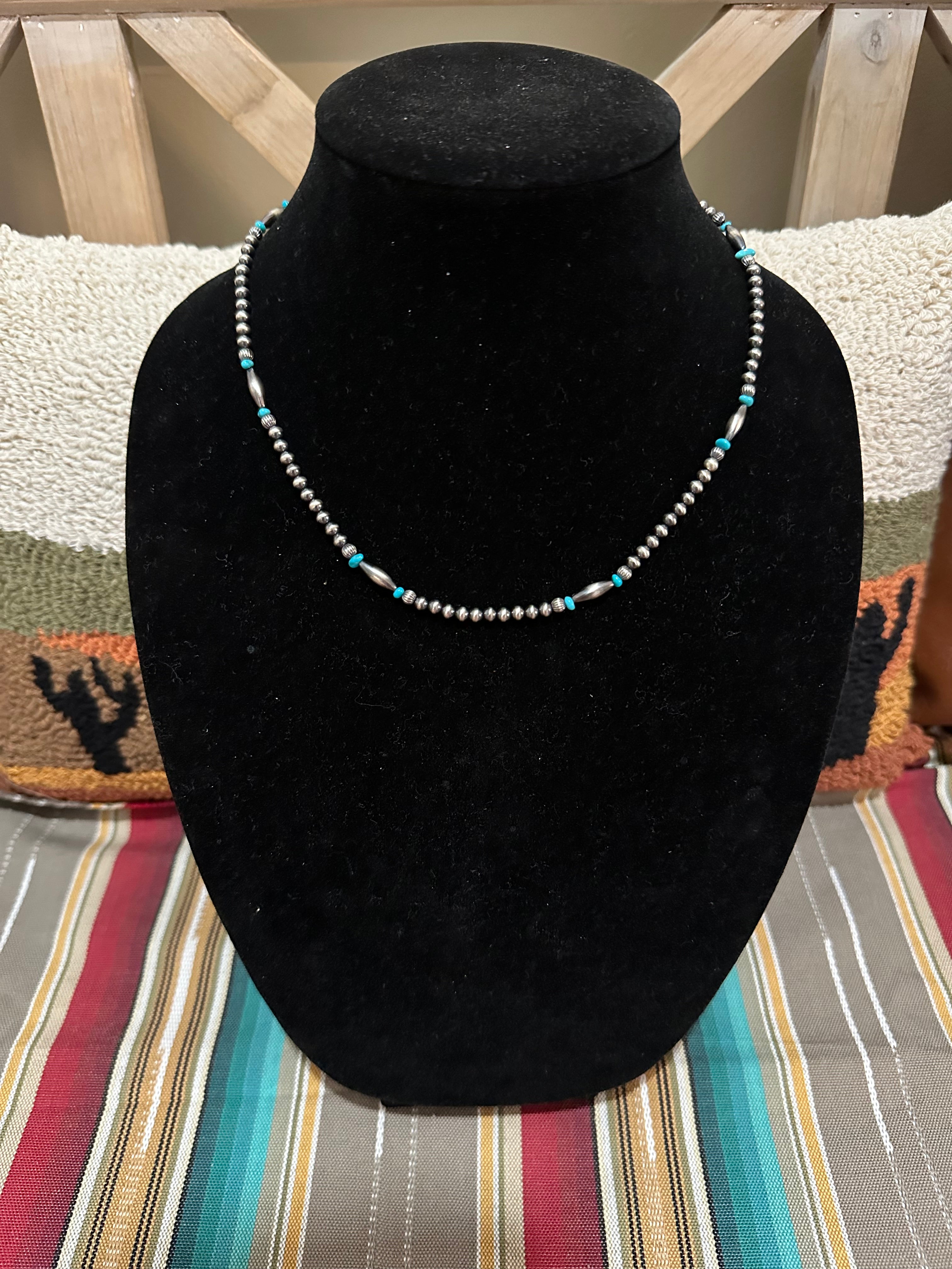 18” 4mm assorted pearl necklace with sleeping beauty turquoise