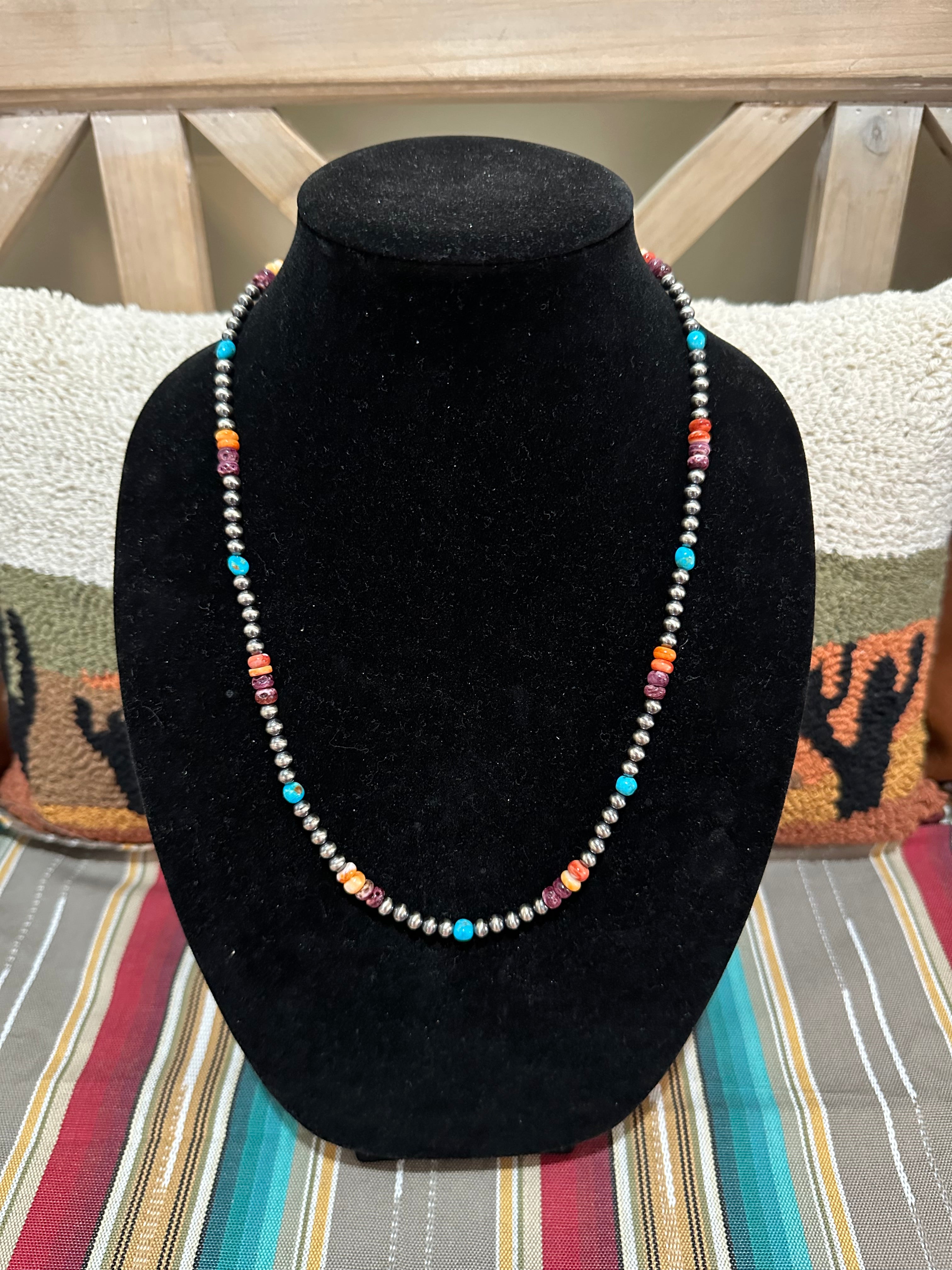 24” 5mm Navajo pearl necklace with orange and purple spiny oyster and sleeping beauty turquoise
