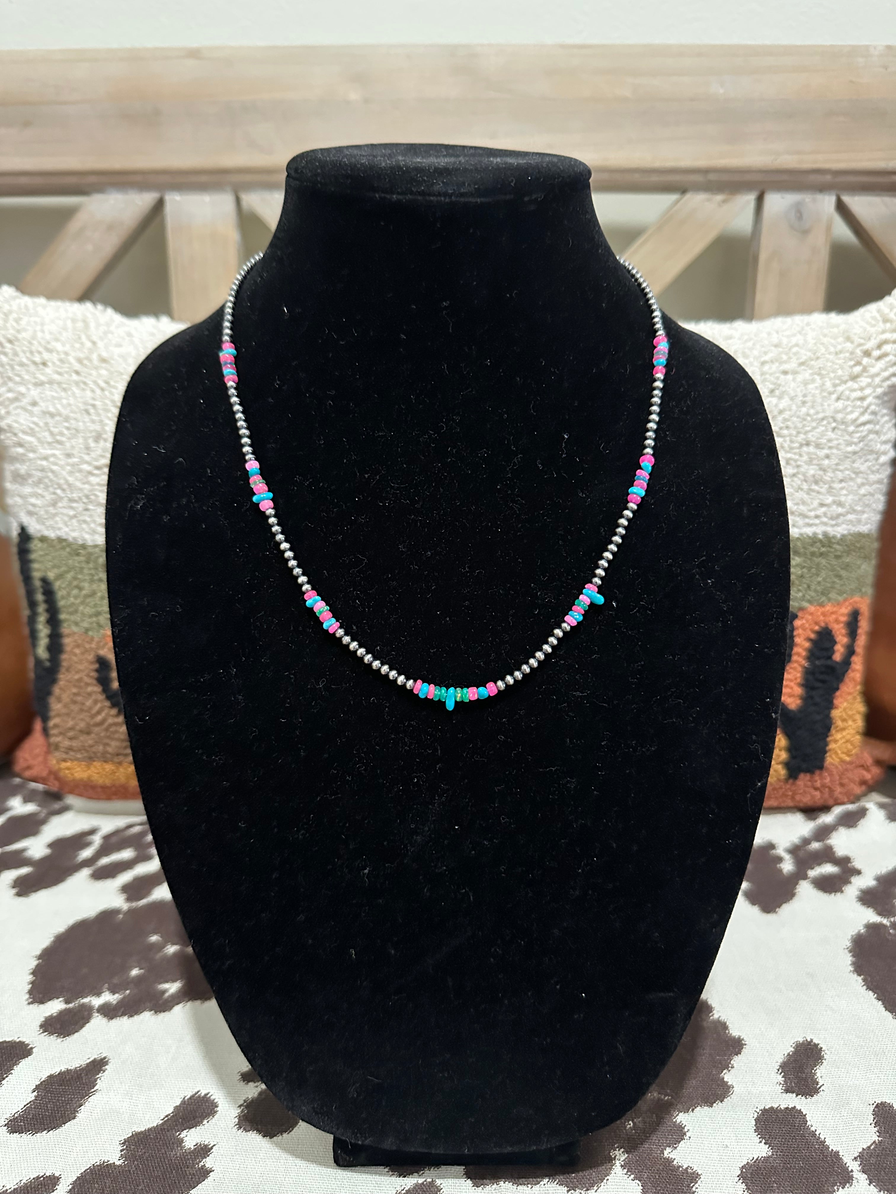 20” assorted opal/ sleeping beauty turquoise necklace with 3mm Navajo pearls