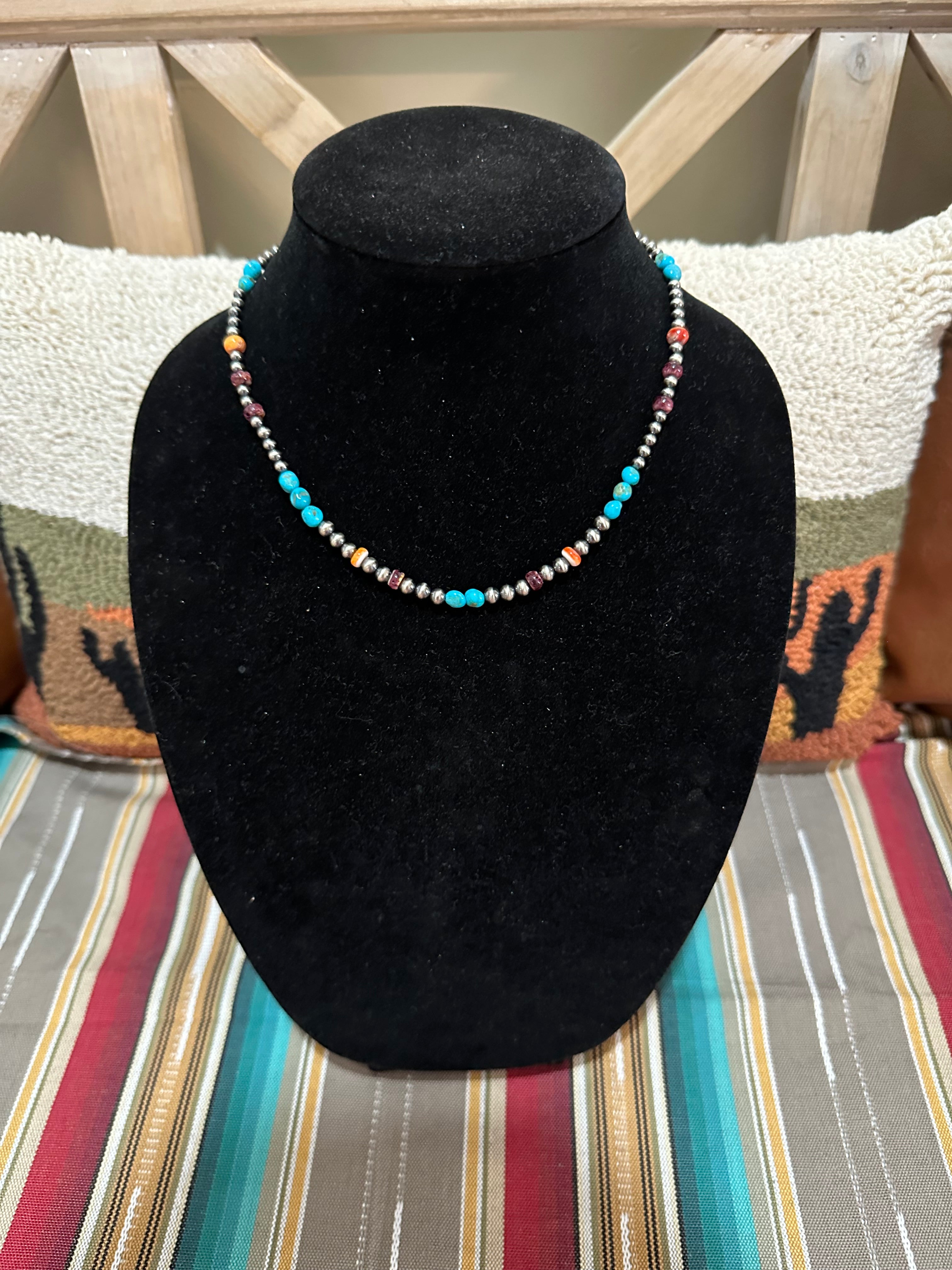 18” Navajo pearl necklace with orange and purple spiny oyster and sleeping beauty turquoise