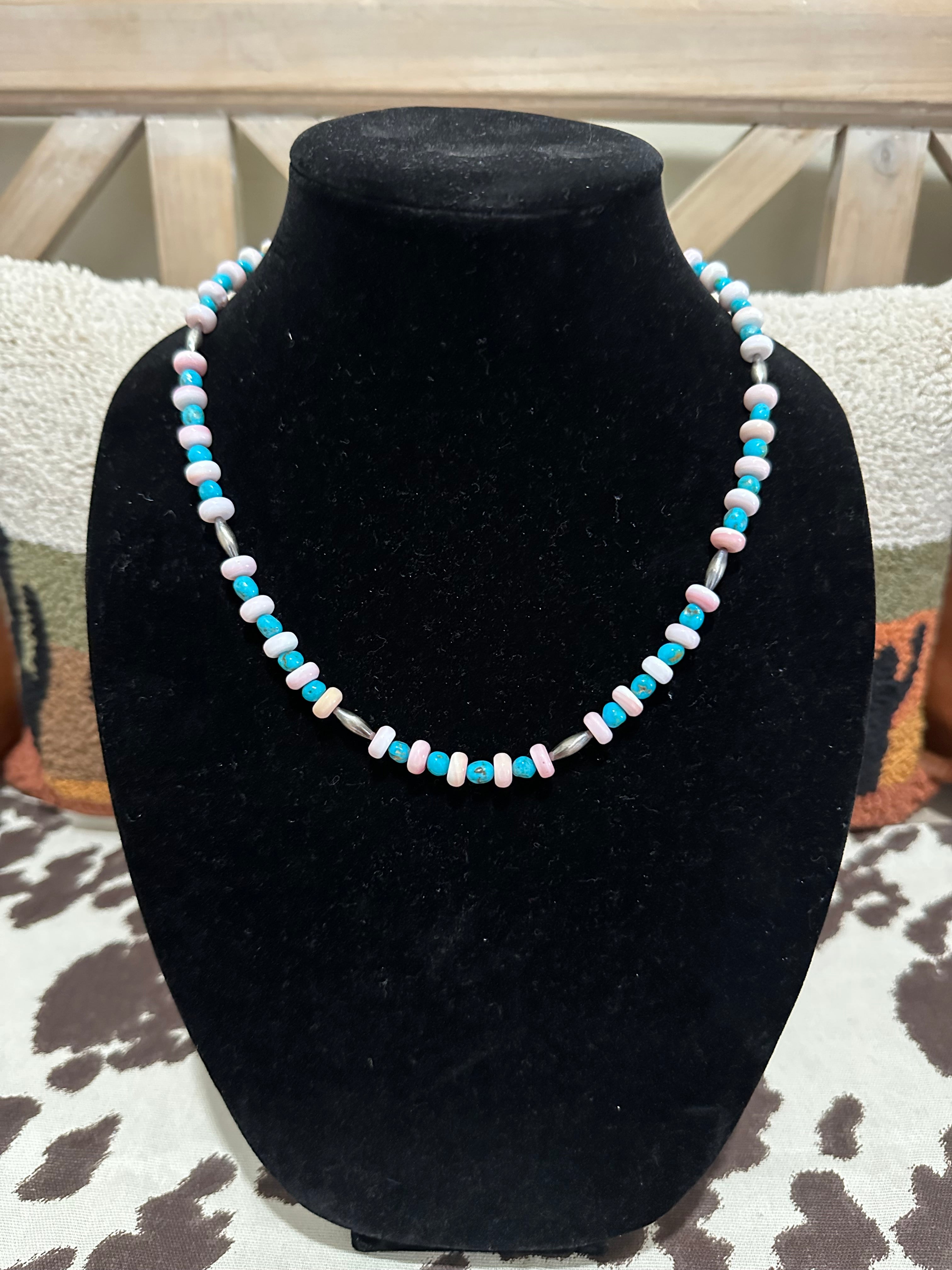 20” pink conch/ sleeping beauty necklace with 4mm Navajo pearls
