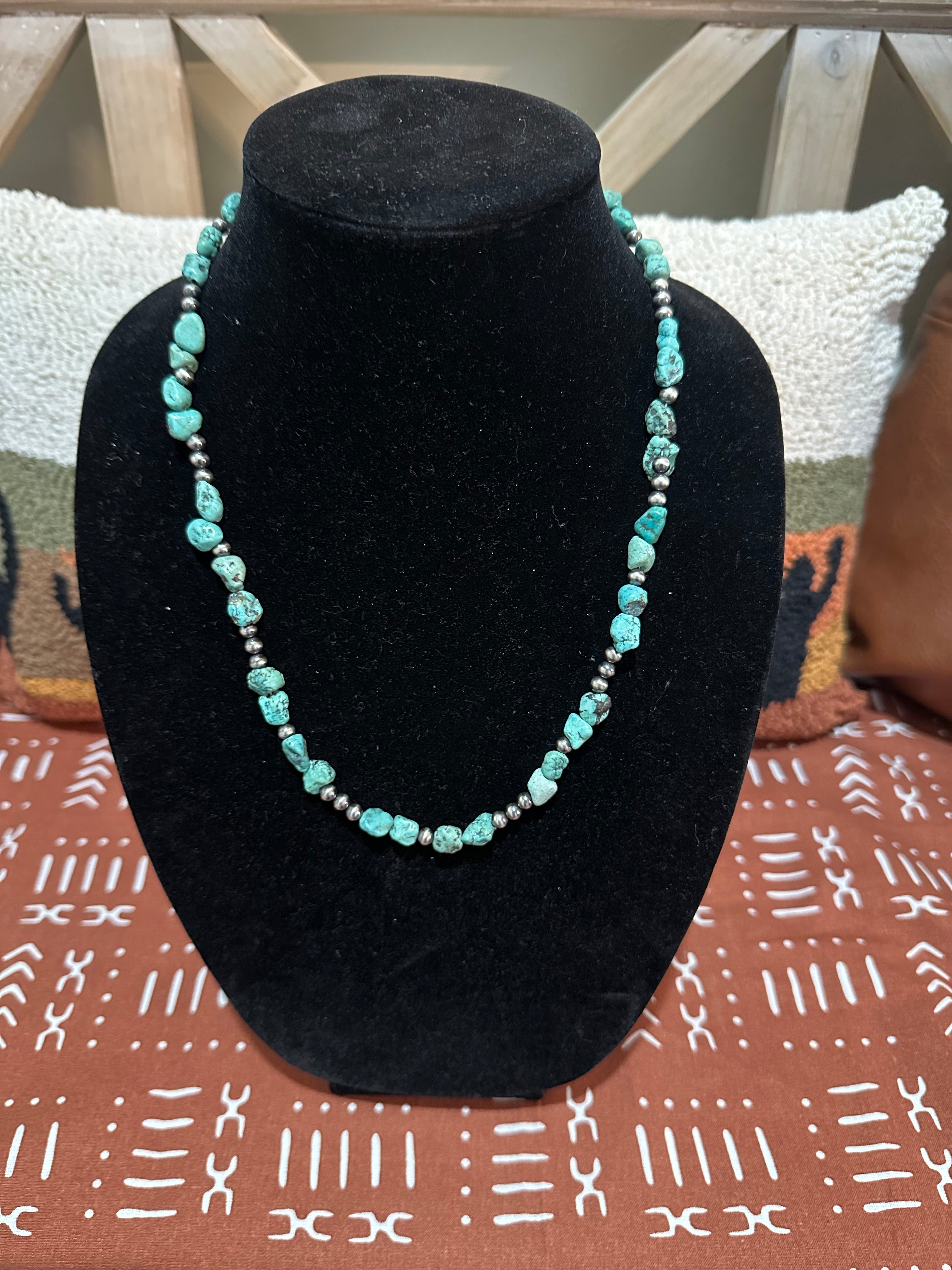 22” turquoise nugget necklace with 5mm Navajo pearls