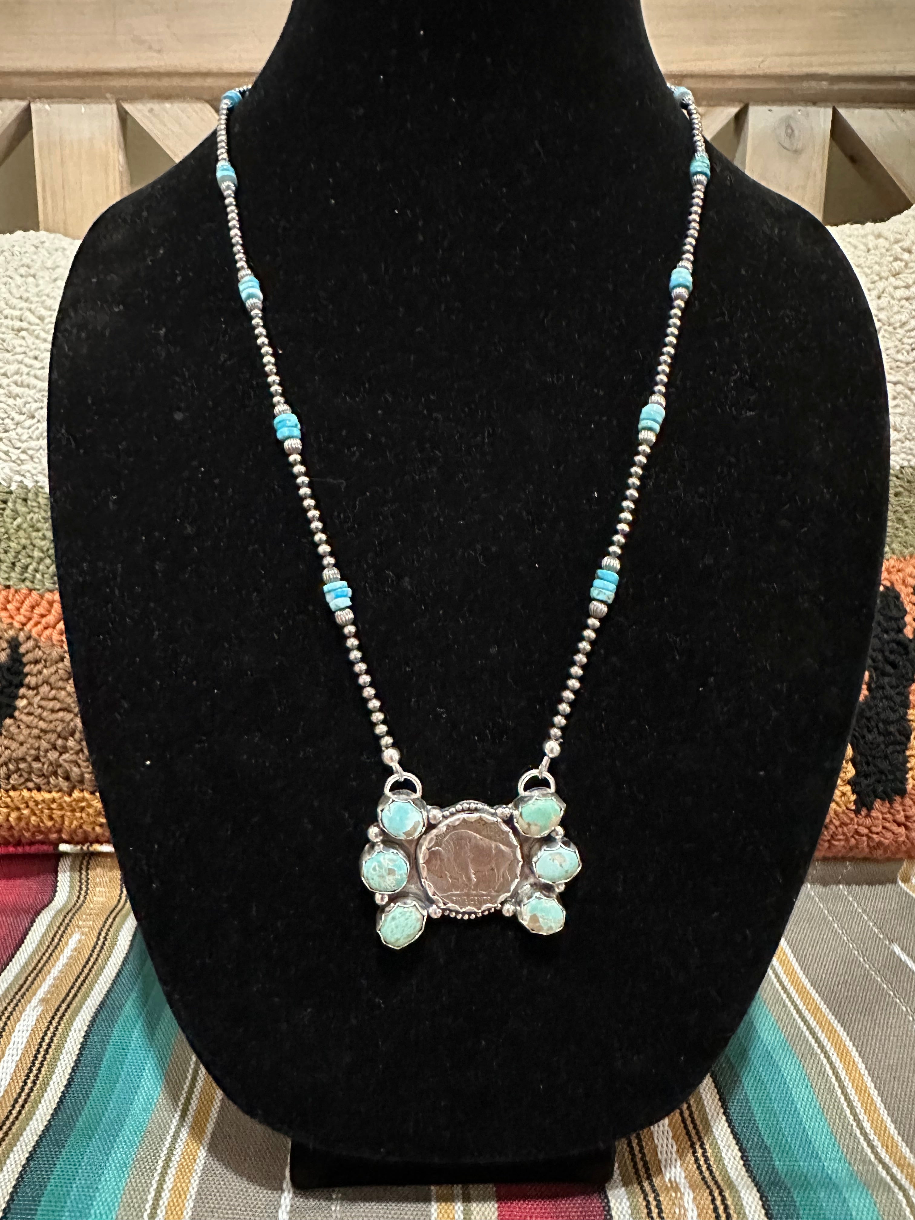 22” buffalo nickel necklace with pilot mtn/ Royston and Arizona turquoise and 3mm pearls
