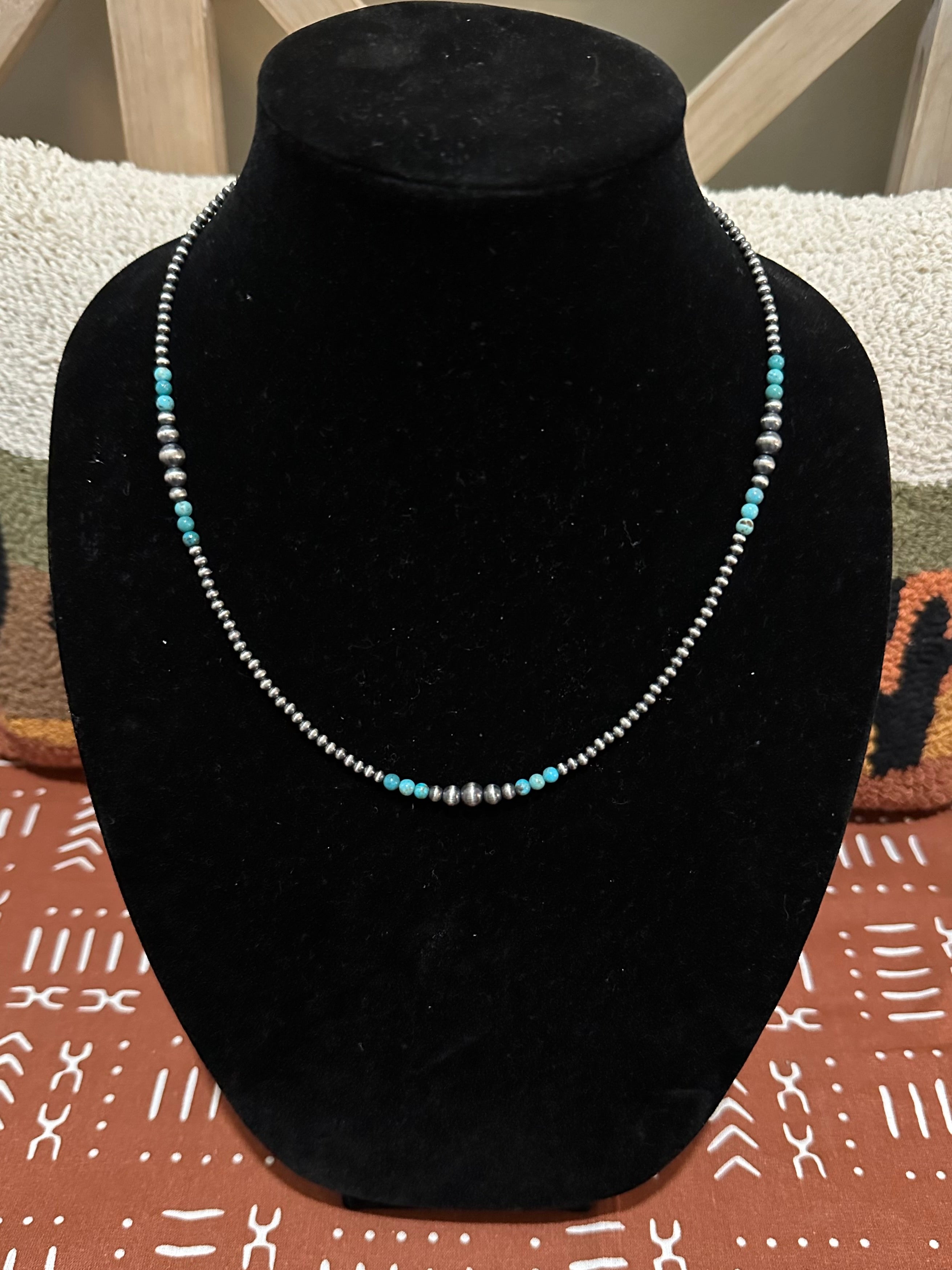 18”-20” sterling silver pearl necklace with turquoise