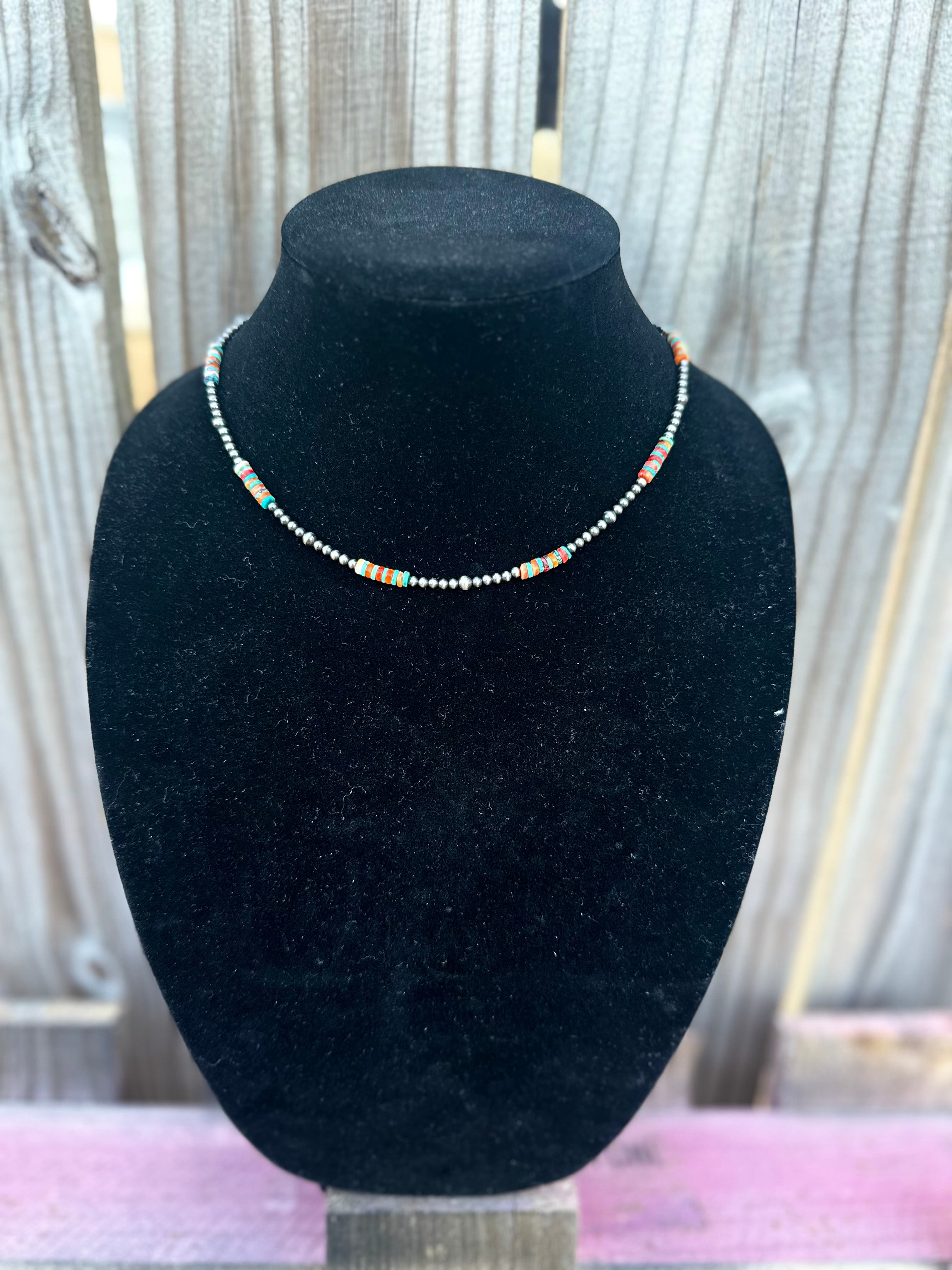 17” graduated Navajo pearl necklace with turquoise and spiny oyster