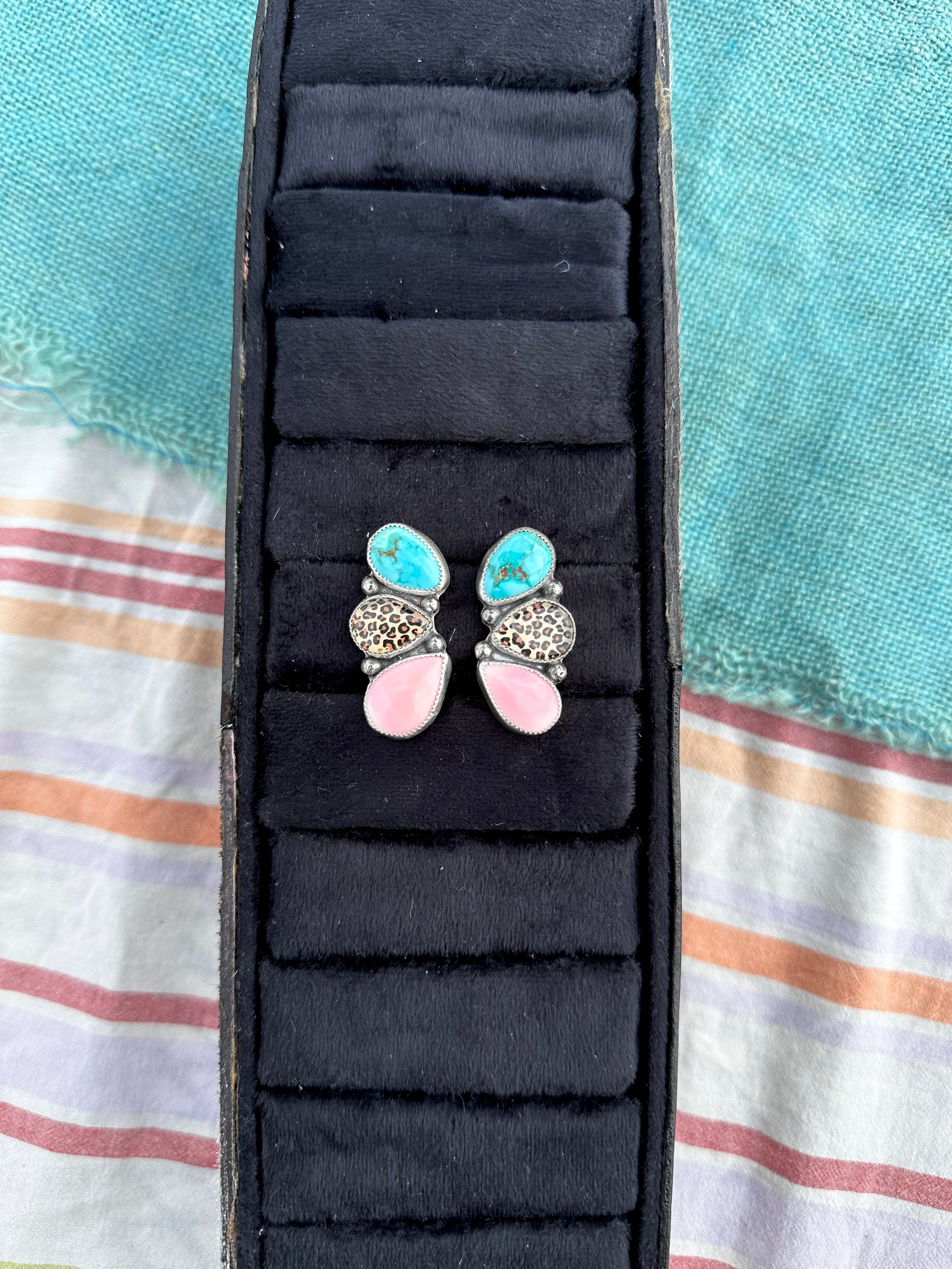 Peony leopard cluster earrings